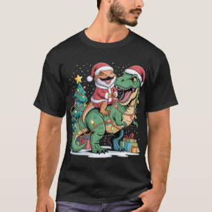 Camiseta Lagarto de Papai Noel monta Dino Verde no Natal