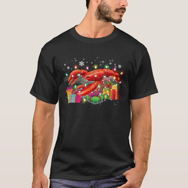 Camiseta Lagosta Natal Luzes De Chapéu Familiares Xmas Dão  (Frente)