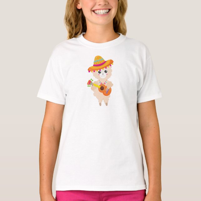 Camiseta Lama Mexicano, Cute Llama, Sombrero, Violão (Frente)