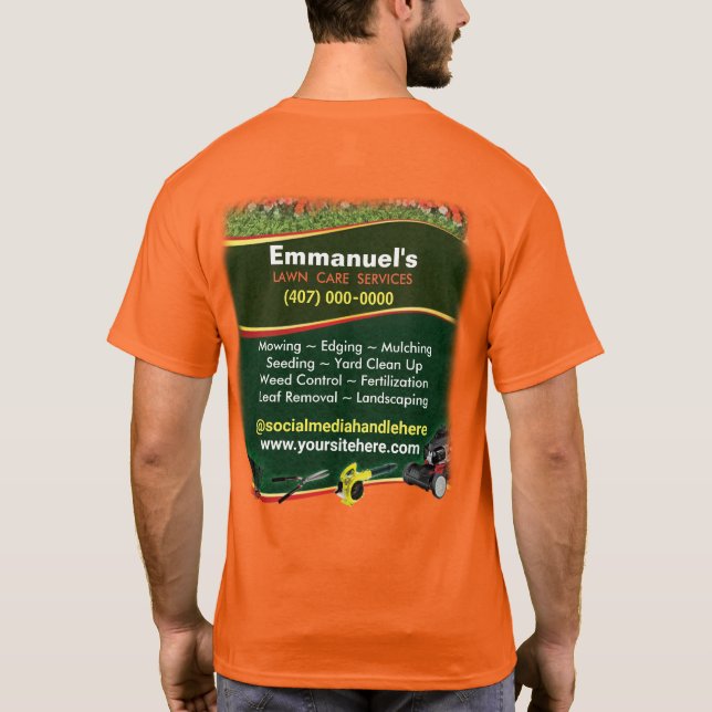 Camiseta Lâminas Paisagismo De Grama Cortando Laranja (Verso)