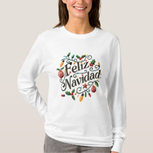 Camiseta Lâmpadas Retro Festivas e Azevinho Feliz Navidad