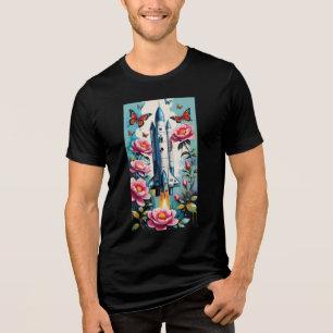 Camiseta Lançando Foguete Com Flores Rosas E Borboletas