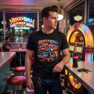 Camiseta Lanchonete Retro de Rock 'N' Roll Motociclista