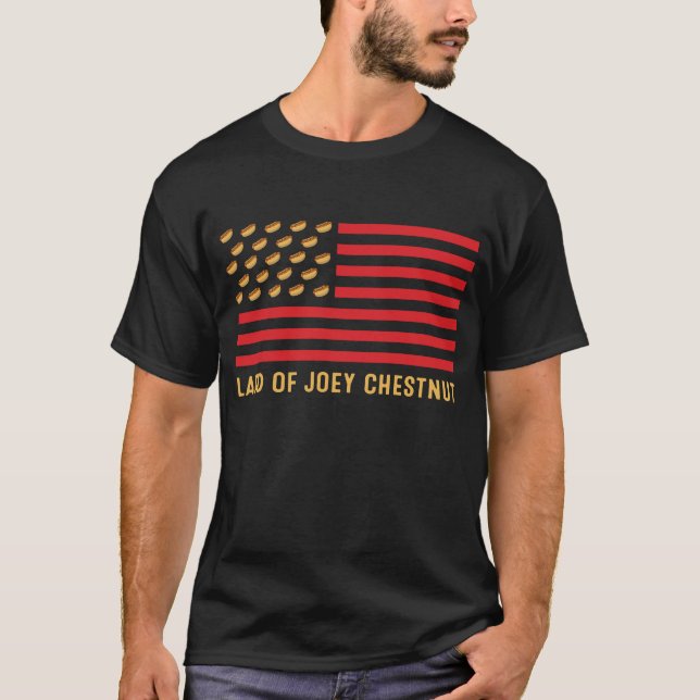 Camiseta Land Of Joey Chestnut Hot Dogs Bandeira Americana (Frente)