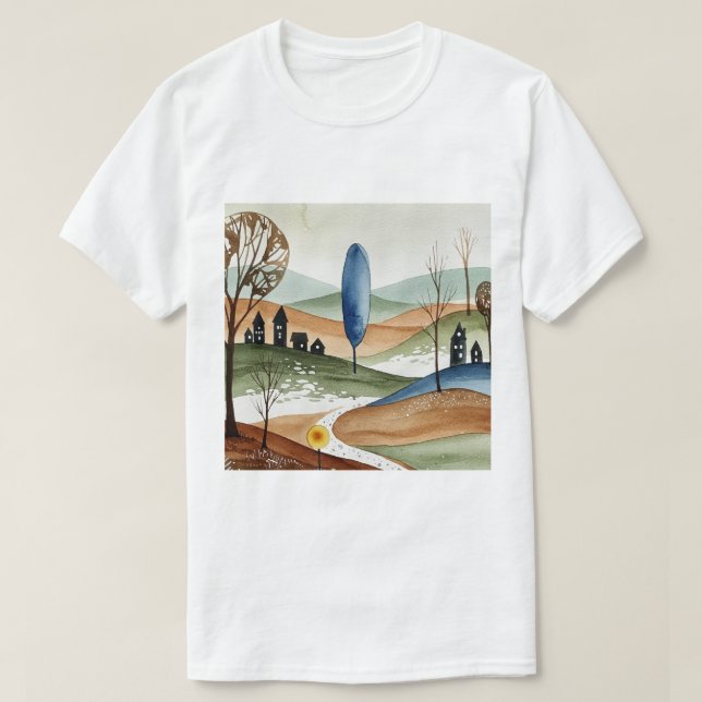 Camiseta landscape of hills with small houses (Frente do Design)