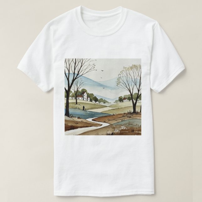 Camiseta landscape of hills with small houses (Frente do Design)