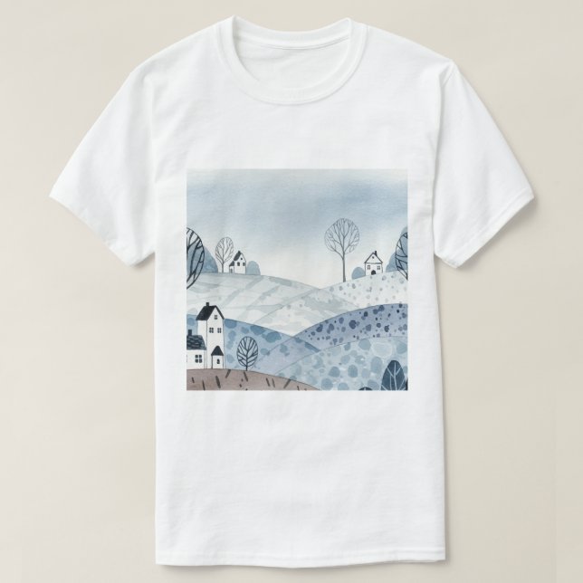 Camiseta landscape of hills with small houses (Frente do Design)
