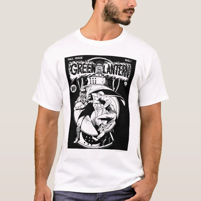 Camiseta Lantera Verde com capa na luta, Preto e Branco (Frente)
