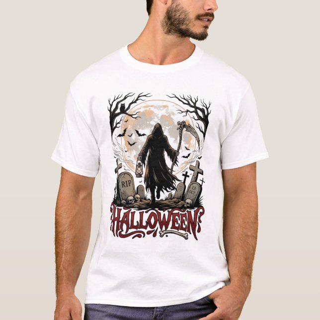 Camiseta Lanterna da Morte Halloween Lua Cheia Lápides (Frente)