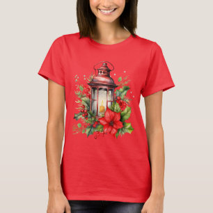 Camiseta Lanterna de Natal Vermelho Poinsettia e Pinheiro