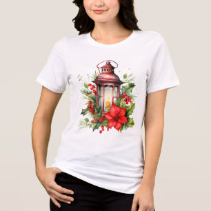 Camiseta Lanterna de Natal Vermelho Poinsettia e Pinheiro