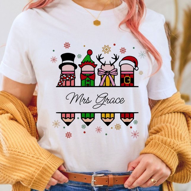 Camiseta Lápis personalizado de nome do professor, presente (Personalized Teacher Name shirt,Christian Christmas shirt,Christmas shirt,teacher gift )