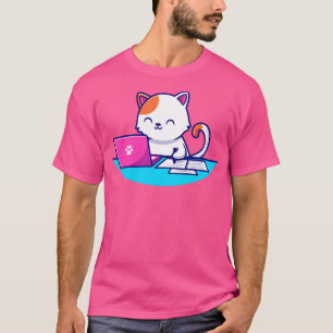 Camiseta Laptop De Trabalho De Gato Cortado E Escrevendo Em