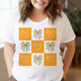 Camiseta Laranja Amarelo Retro Coquette Laço Coração Xadrez