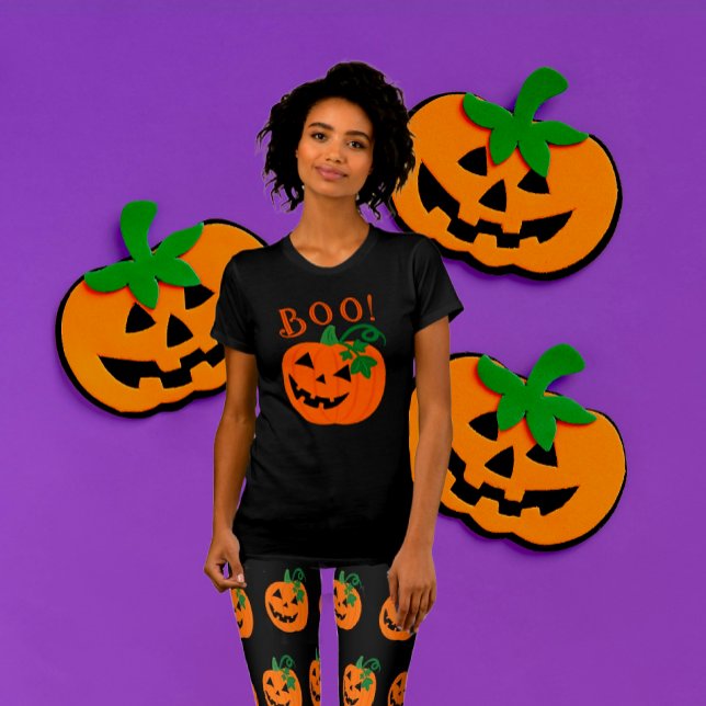 Camiseta Laranja Black Personalizado Jack O Lantern Boo (Be scary cute with this
 jack-o'-lantern black T-shirt. Matching leggings also available!)