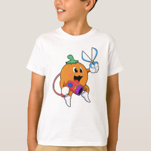 Camiseta Laranja como cabeleireiro com tesoura e secador de