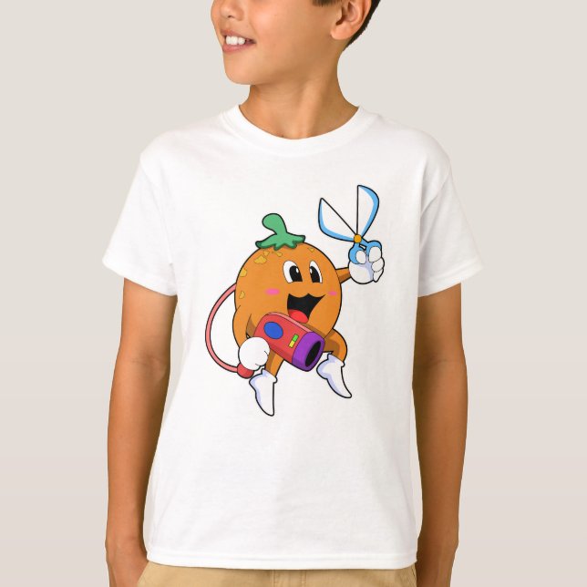 Camiseta Laranja como cabeleireiro com tesoura e secador de (Frente)
