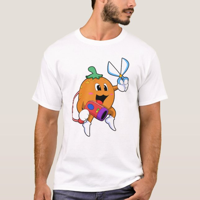 Camiseta Laranja como cabeleireiro com tesoura e secador de (Frente)