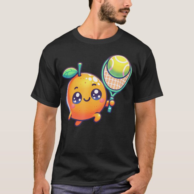 Camiseta Laranja de Tênis Cítrico Fofa Com Raquete E (Frente)