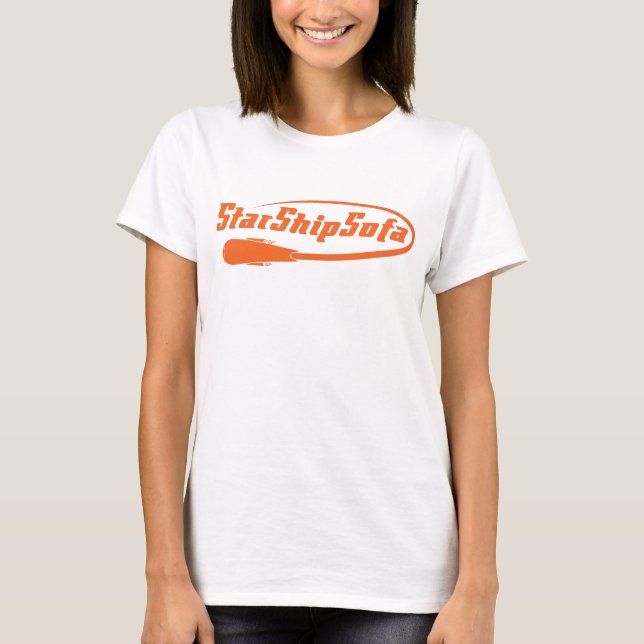 Camiseta Laranja do texto das senhoras StarShipSofa no (Frente)