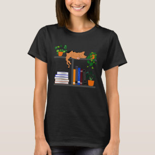 Camiseta Laranja Gato Deitado No Livro Floral De Livraria K