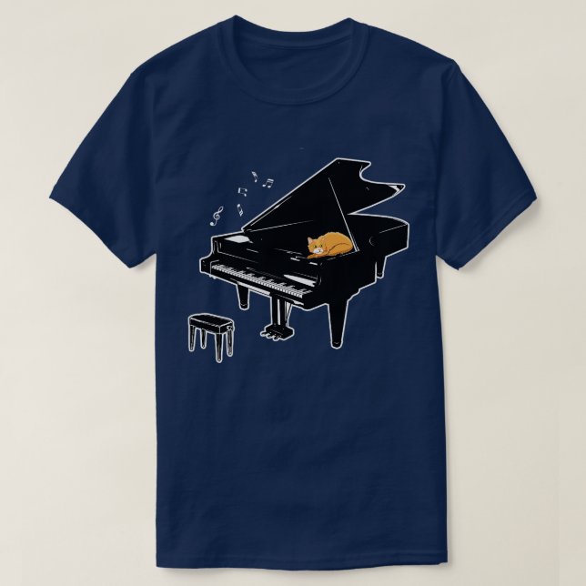 Camiseta Laranja Gato Jogando Piano Música Sobretudo T (Frente do Design)