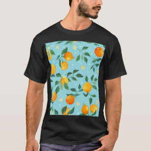 Camiseta Laranjas, flores: padrão sem costura têxtil.