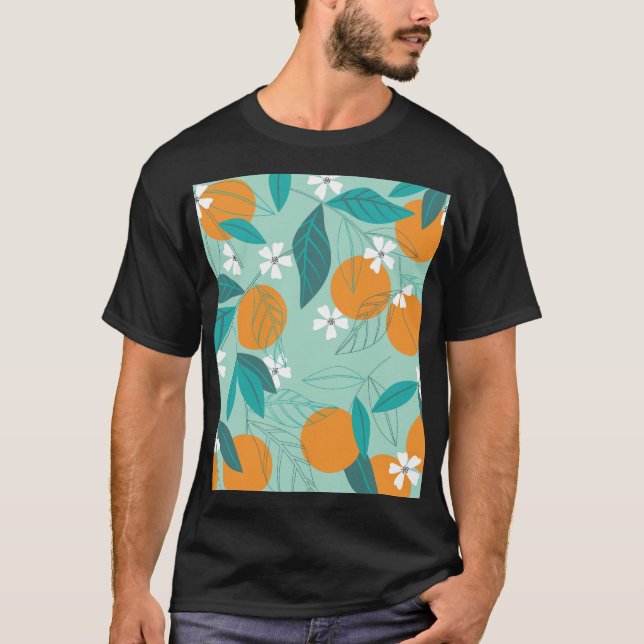 Camiseta Laranjas florescentes, folhas, arte safada. (Frente)