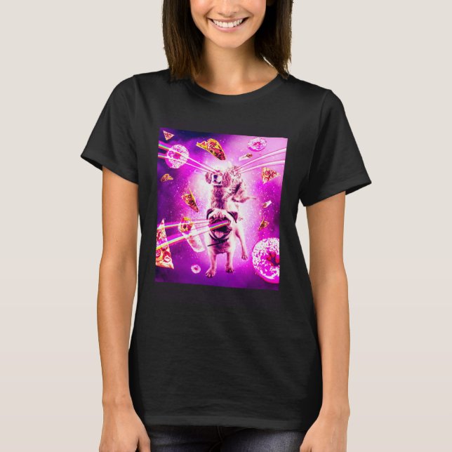 Camiseta Laser Eyes Space Cat Riding Dog Pug  Rainbow (Frente)