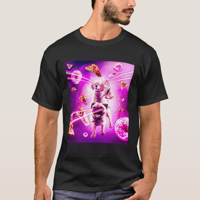 Camiseta Laser Eyes Space Cat Riding Dog Pug  Rainbow (Frente)