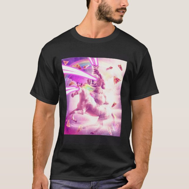 Camiseta Laser Eyes Space Cat Riding Dog Unicorn  Rainbow (Frente)