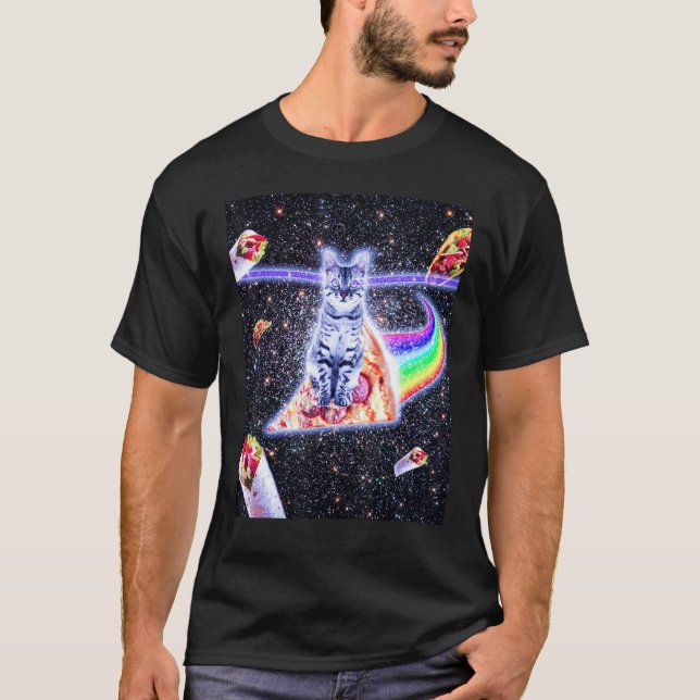 Camiseta Laser Olhos de Gato Andando Rainbow Pizza (Frente)