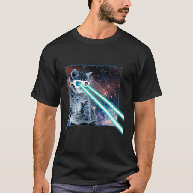 Camiseta Laser Olhos Espaço Gatinho Óculos 3D (Frente)