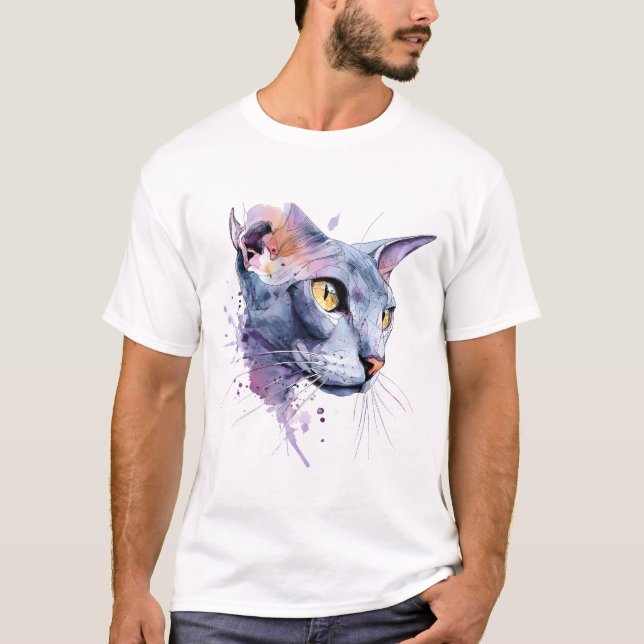Camiseta Lavender Geometric Watercolor Cat Face Art (Frente)