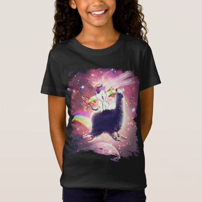 Camiseta Lazer Rave Space Cat Riding Llama with Pizza (Frente)