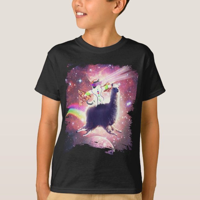 Camiseta Lazer Rave Space Cat Riding Llama with Pizza (Frente)