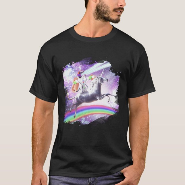 Camiseta Lazer Rave Space Cat Riding Unicorn With Hotdog (Frente)