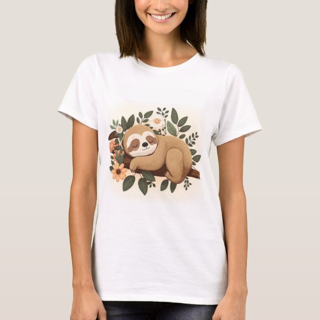 Camiseta Lazy sloth sleeping on a branch cartoon            (Frente)