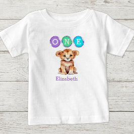 Camiseta Leão 1º Aniversário um com nome roxo