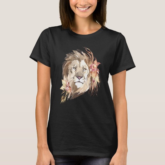 Camiseta Leão Africano I Grande Gato I Flores Selvagens Aqu (Frente)