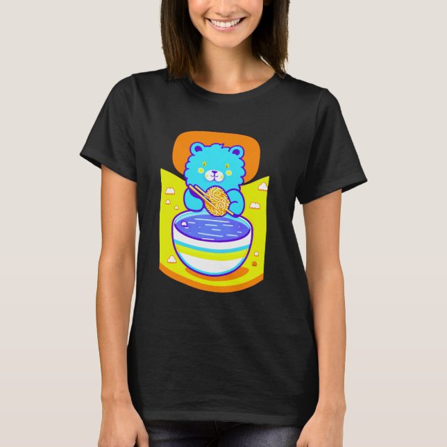 Camiseta Leão Azul Cute Curtindo Noodles Ramen (Frente)