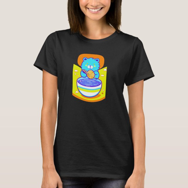 Camiseta Leão Azul Cute Curtindo Noodles Ramen (Frente)