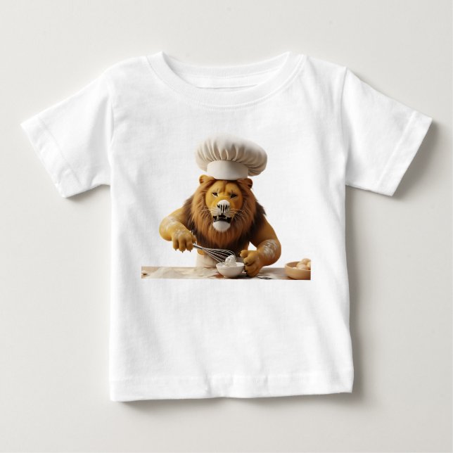 Camiseta Leão Chef Humorístico Assando com Colher e Farinha (Frente)