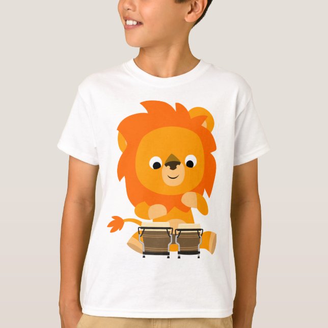 Camiseta Leão de Cartoon Bongos Tocando Bongos Crianças Cam (Frente)