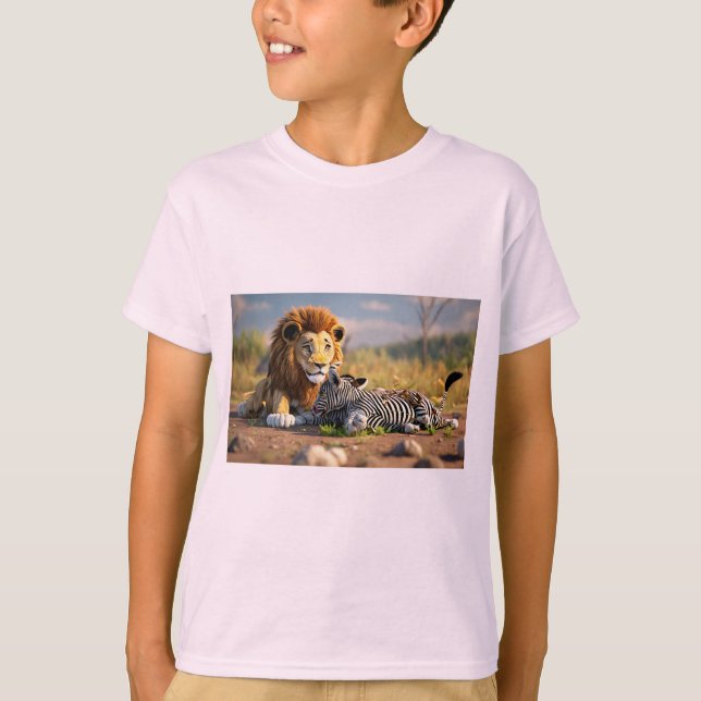 Camiseta Leão de desenho 3D comendo zebra - Cena selvagem d (Frente)