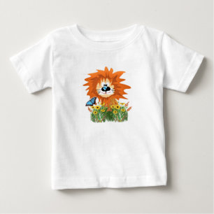 Camiseta Leão de desenho animado fofo no jardim de flores 