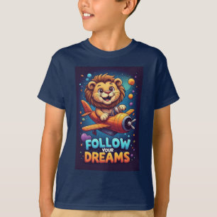 Camiseta Leão de desenho animado fofo pilotando um avião