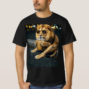 Camiseta Leão De Óculos De Sol Bebendo Café Gelado