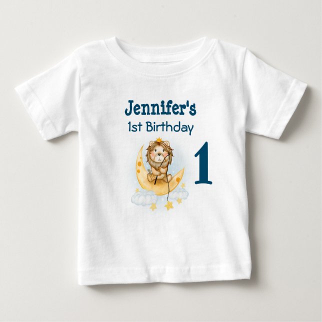 Camiseta Leão-de-primeiro aniversario-Cute a pescar na lua (Frente)