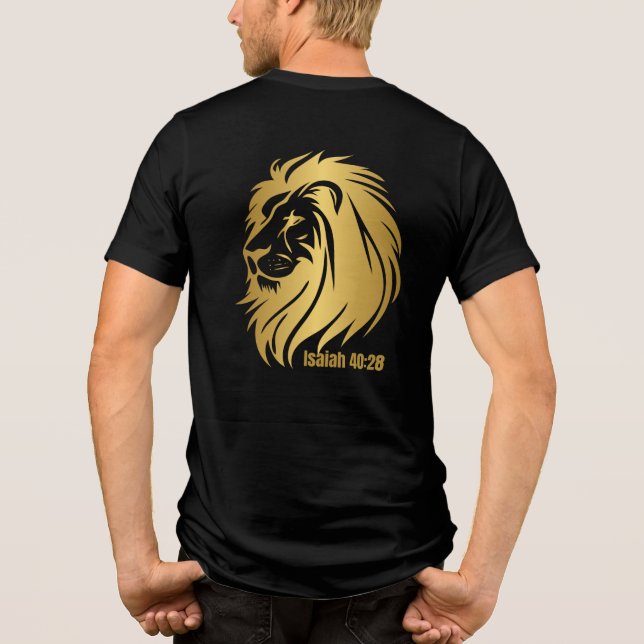 Camiseta Leão Dourado de Judah Isaiah 40:28 cristão (Verso)